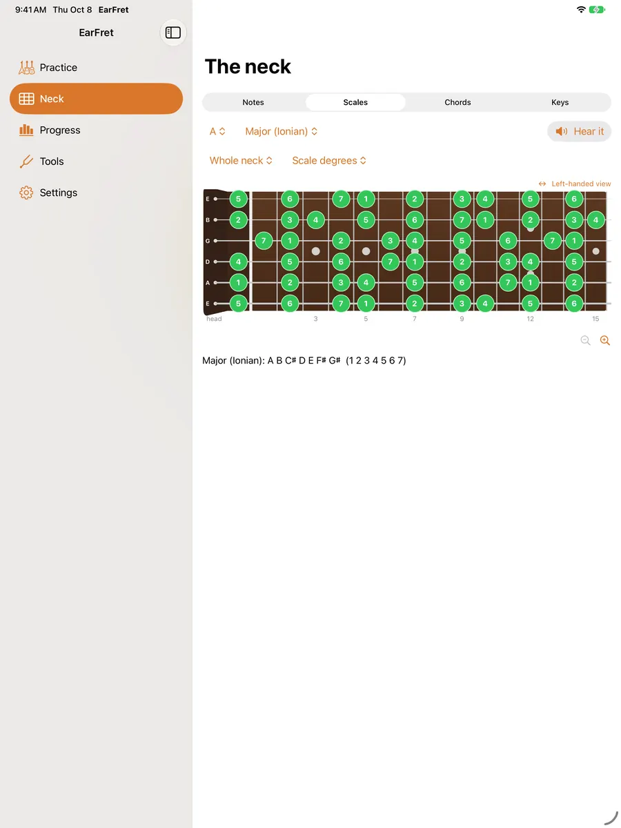 EarFret on iPad: The neck, showing the A major scale with scale degrees across the whole fretboard.