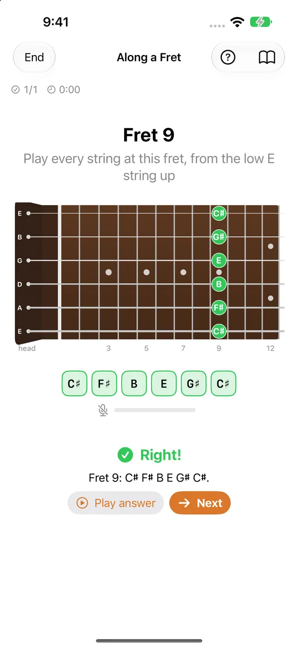 Along a Fret: play every string at fret 9, low to high. Each note lights up on the neck as it's heard.
