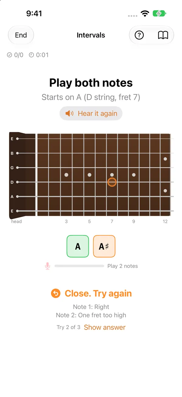 An interval drill: play both notes, starting on A on the D string, with a Hear it again button.