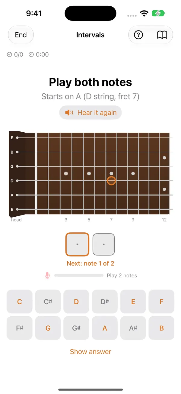 An interval drill in No instrument mode, answered by tapping note-name buttons under the neck.