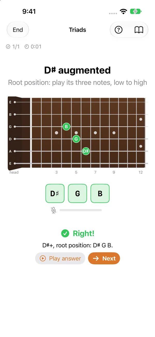 Triads drill: D sharp augmented in root position, with D sharp, G and B marked on the neck and the verdict Right.
