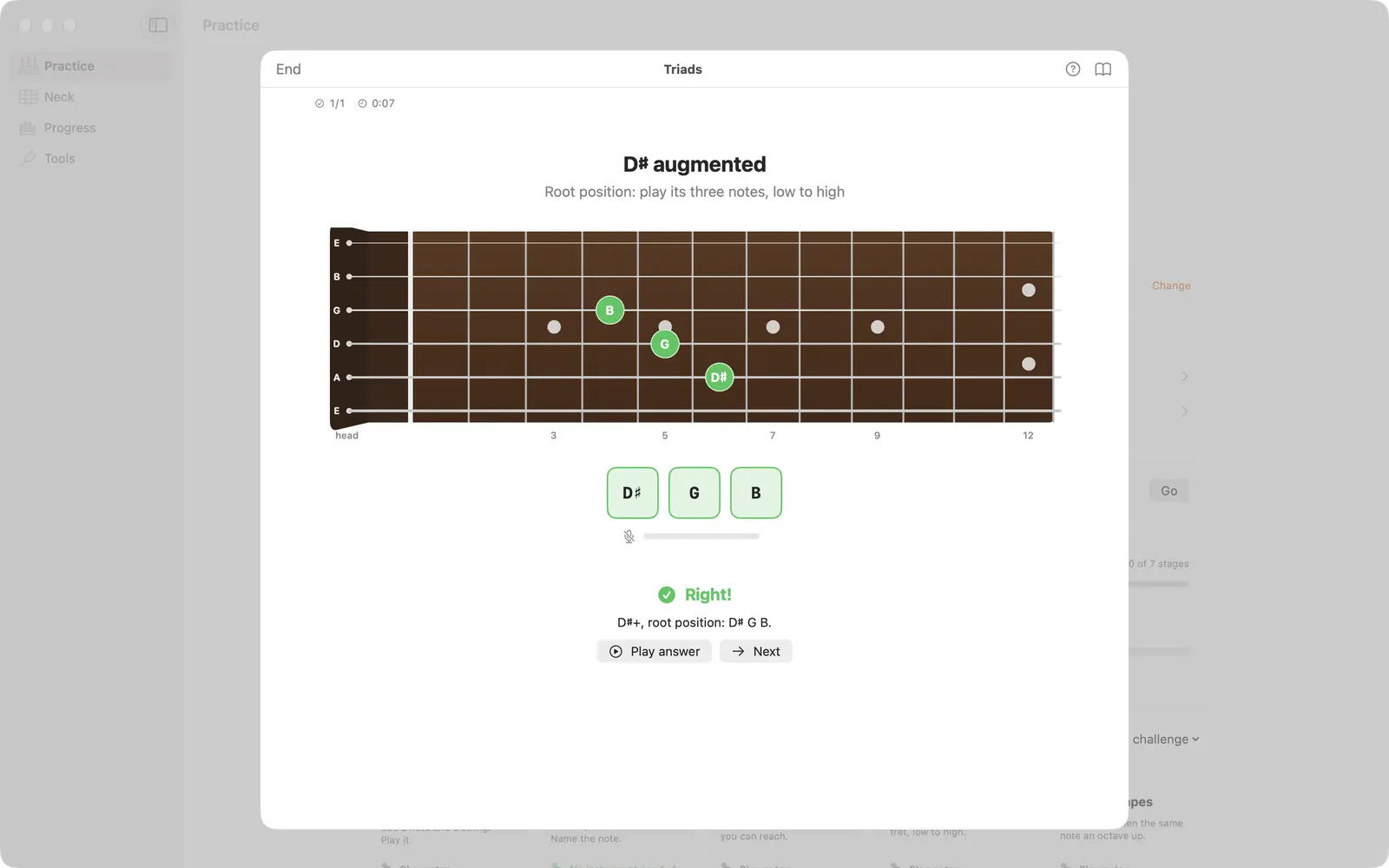 EarFret on Mac: a Triads session window over the Practice sidebar, showing D sharp augmented marked on a full-width neck, with the verdict Right.