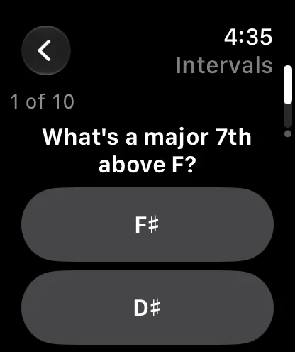 An Intervals quiz, question 1 of 10: What's a major 7th above F? Answer buttons F sharp and D sharp.