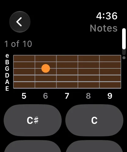 A Notes quiz, question 1 of 10: a dot on the neck at fret 6 of the G string, with note buttons C sharp and C to choose from.