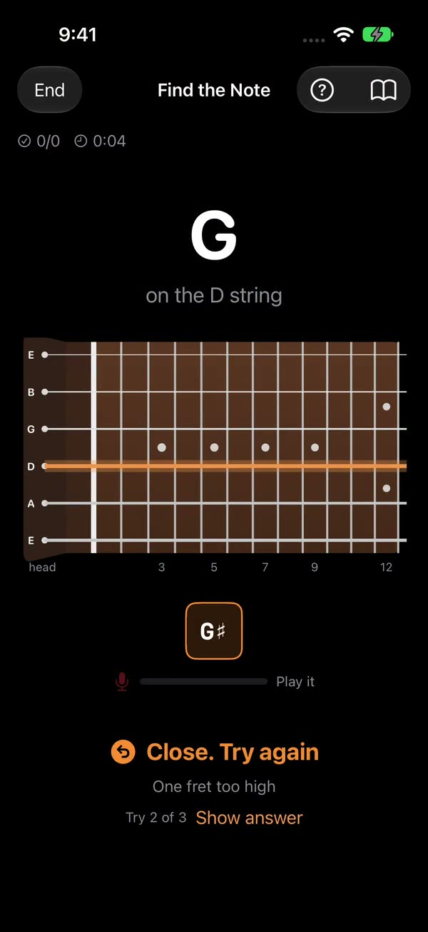 Find the Note: G on the D string. The player played G sharp, and the app says: Close, try again. One fret too high.